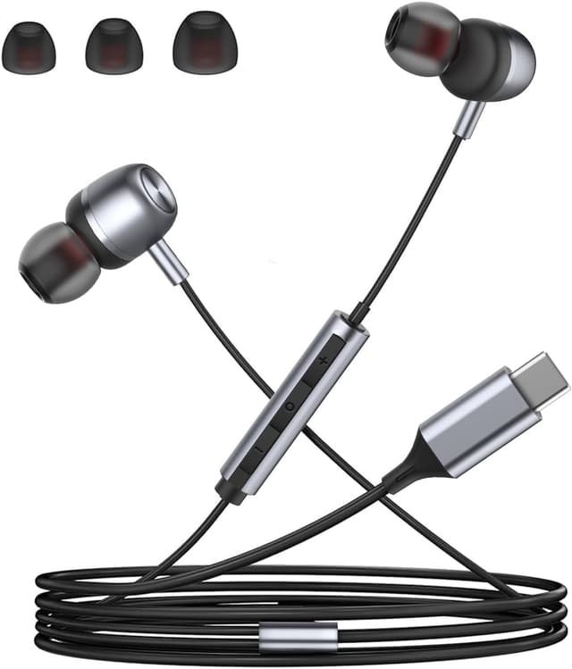 Detalle de USB-C Wired In-Ear Headphones with Microphone, Volume Control, and Bass Stereo for Samsung, iPhone, Pixel, and More