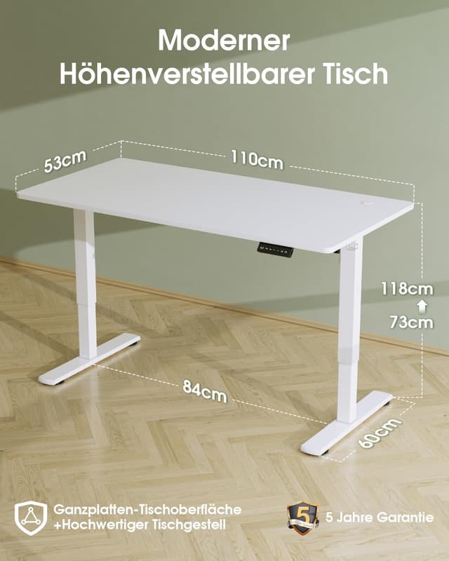 Detalle de Flamaker höhenverstellbarer Schreibtisch elektrisch mit Memory-Steuerung, Ganze Tischplatte 110 x 53 cm (Weiß)