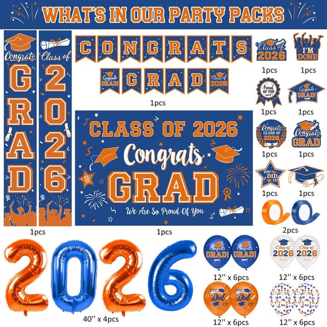 Detalle de Graduation Blue and Orange Decorations 2026 Set (Grad Backdrop, Banner, Swirls, Porch Sign, Foil & Latex Balloons)