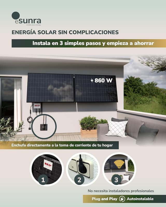 Detalle 2 de ESUNRA Kit Solar Balcón 800W 🌞 Bifaciales, Plug & Play