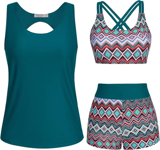 Detalle 1 de JASAMBAC 3-teiliges Tankini-Set für Damen: Push-up-BH + High-Waist Badeshorts + Tankini-Top