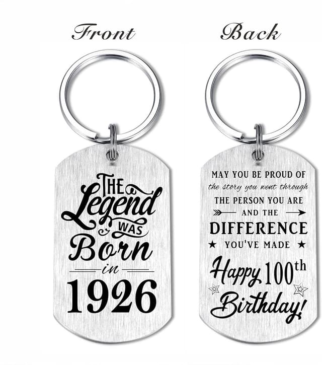 Detalle de Yobent 100th Birthday Keyring (1926) – engraved centenary gift for men
