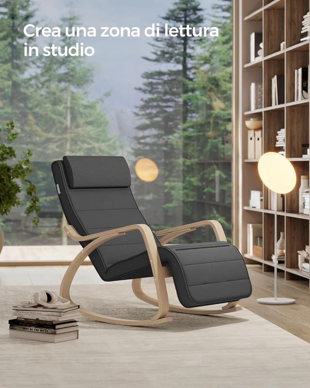 Detalle de SONGMICS Sedia a Dondolo LYY10G in betulla con braccioli e poggiapiedi regolabile fino a 5 posizioni (grigio scuro)