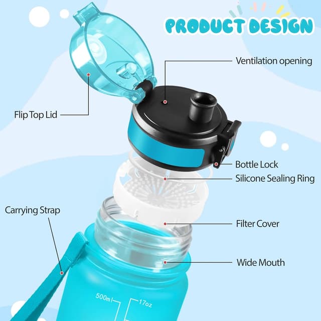 Detalle 2 de Mulbijeo Borraccia Palestra 500 ml con scritte motivazionali, a prova di perdite e borraccia bambini