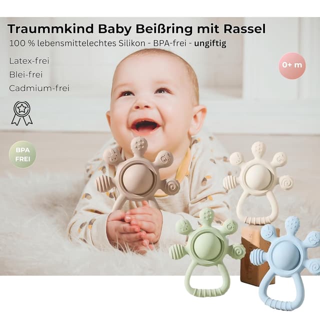 Detalle de Traummkind Beißring Baby mit Rassel & Clip – BPA-freies Silikon-Greifling zur Zahnung ab 3 Monaten