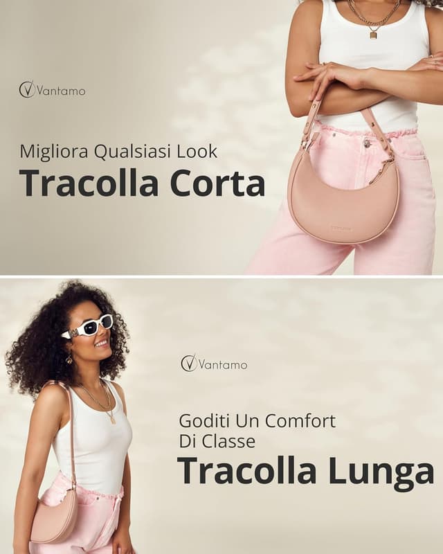 Detalle de Borsa a mezzaluna da donna in ecopelle antifurto RFID con tracolla regolabile e clip anti-borseggio