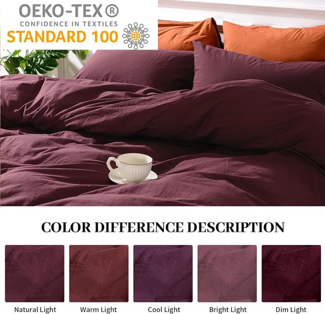 Detalle de NEXHOME PRO Queen Linen-Look Duvet Cover Set in Washed Cotton (Burgundy Dark Red)