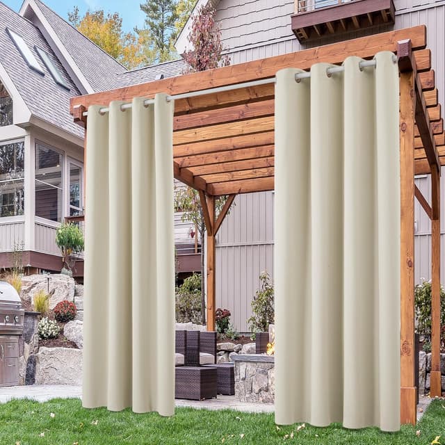 Detalle de Deconovo Gardinen Outdoorvorhänge mit Ösen, wetterfest & wasserdicht (2er-Set) 214x132 cm, Hellbeige