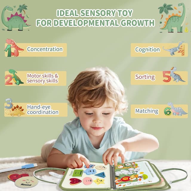 Detalle de Sumtoco Busy Board „Dinosaurier“ – Montessori-Spielzeug 1–4 Jahre, 9-in-1 Filz-Quiet-Book