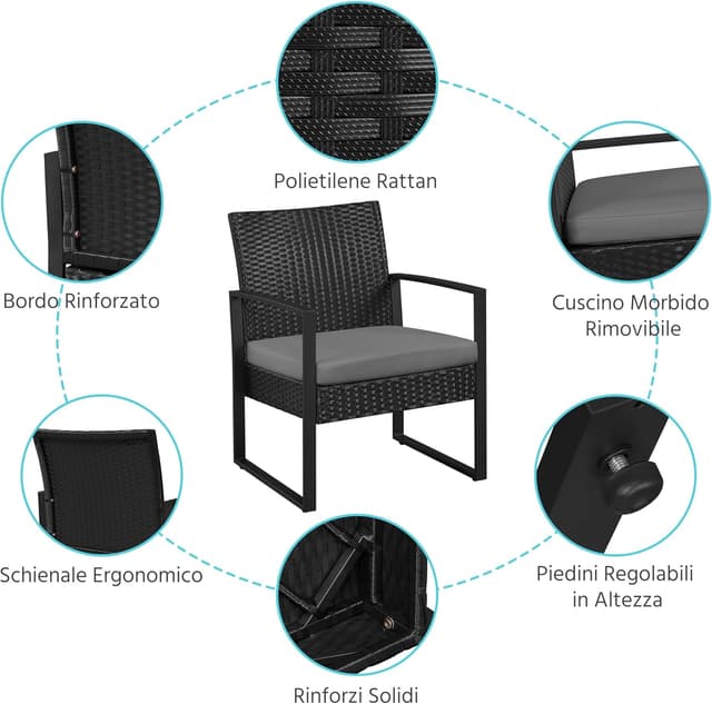 Detalle de Yaheetech Set mobili da giardino in poly rattan: 2 sedie e tavolino per balcone con cuscini