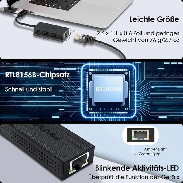 Thumbnail 6 de WAVLINK USB‑C zu 2,5G Ethernet Adapter (RJ45) – USB‑A & USB‑C LAN, für Windows & macOS