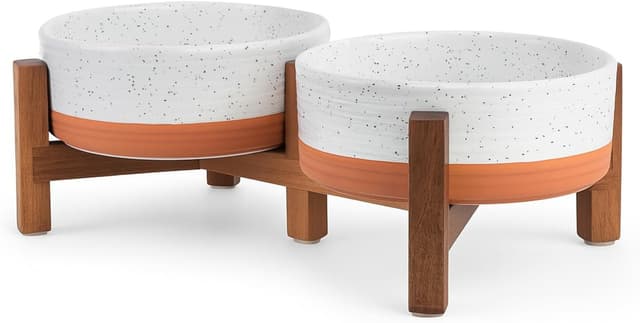 Detalle de SPUNKYJUNKY Hundenapf Keramik Erhöhter Futternapf Akazienholz