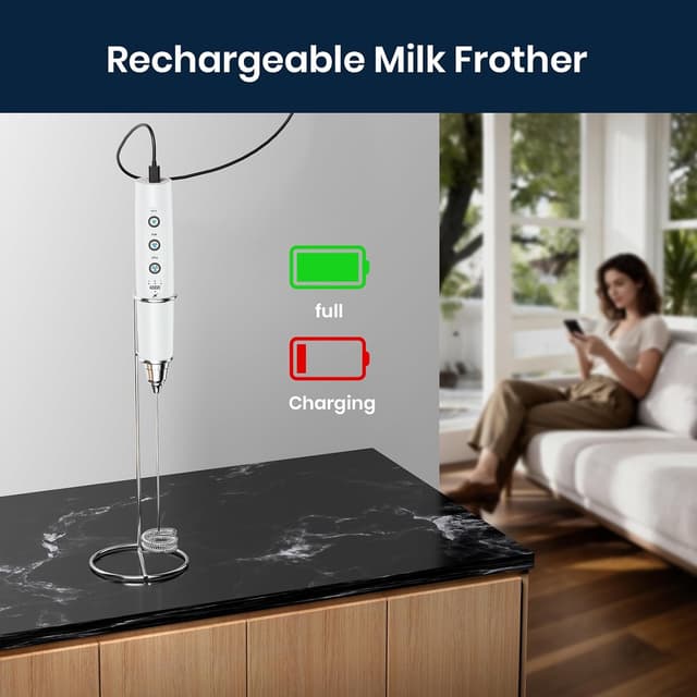 Thumbnail 2 de Sakgos Milk Frother with Stand (Rechargeable Handheld, 3 Stainless Whisks, 3 Speeds)