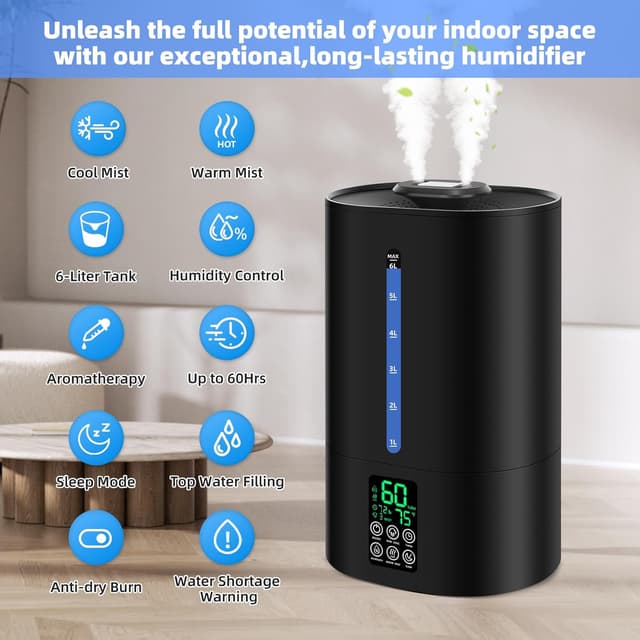 Detalle de Coolfiqu 6L Warm & Cool Mist Humidifier (Top-Fill) with 360° Nozzle, Quiet Sleep Mode & Essential Oil Diffuser