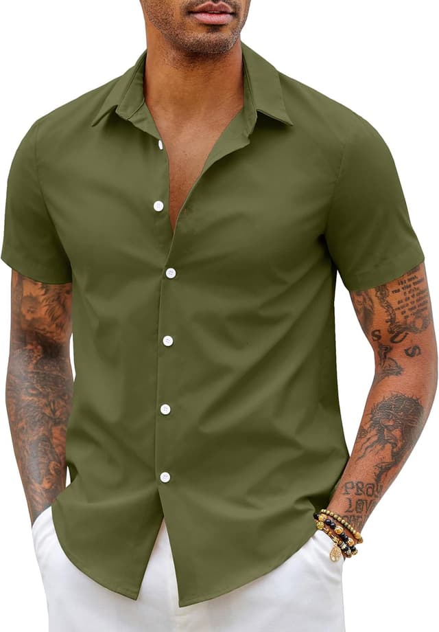 Detalle de COOFANDY Chemise à manches courtes pour homme, coupe ajustée sans repassage (style habillé/décontracté)
