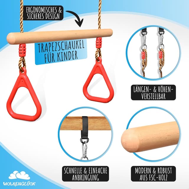 Detalle de WOLKENGLÜCK Trapez Schaukel für Kinder (2-in-1) mit Holztrapez und 2 Turnringen – höhenverstellbar 120 bis 150 cm, bis 150 kg