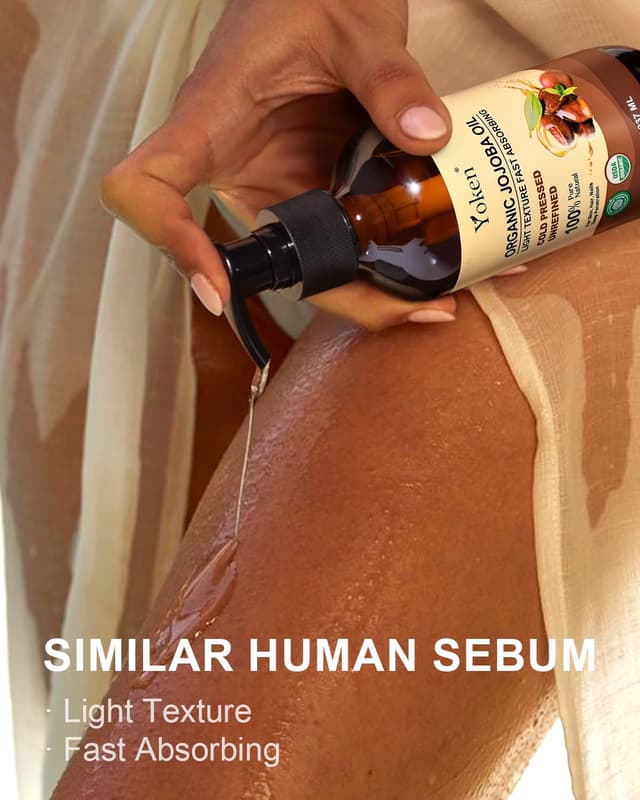 Detalle de Yoken Organic Jojoba Oil (8 fl oz) — USDA Certified 100% Pure, Cold-Pressed Unrefined Jojoba Oil in Glass Bottle