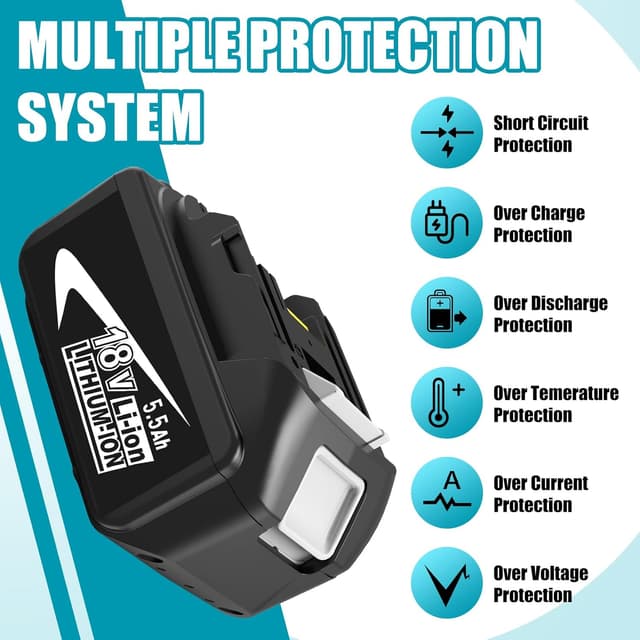 Detalle 2 de 2 batteries de rechange 18V 5,5Ah Li-ion pour outils Maki-TA (compatibles BL1850/BL1860B/BL1840/BL1830/BL1820B/BL1815) – pack de 2