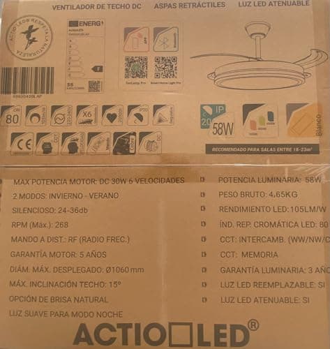 Detalle de Ventilador de techo con luz LED y APP móvil TODOLAMPARA.COM TRACE blanco (DC, retráctil y atenuable)
