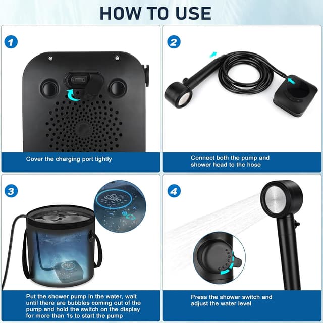 Detalle de Spopal Camping Shower (8000mAh rechargeable) with LED display, 4 spray modes and IPX8 waterproof kit