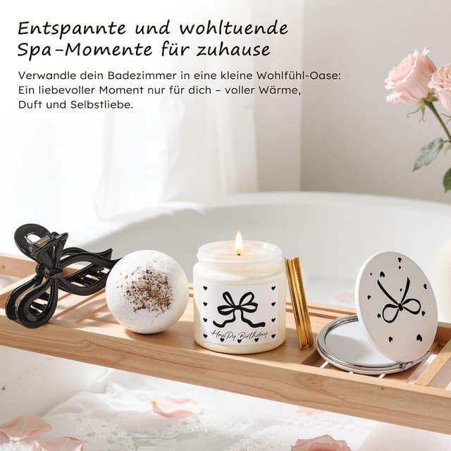 Detalle de Giftota Geburtstagsgeschenk-Set für Frauen in schwarzer Schleifen-Geschenkbox mit Duftkerze, Badebombe und Beauty-Accessoires