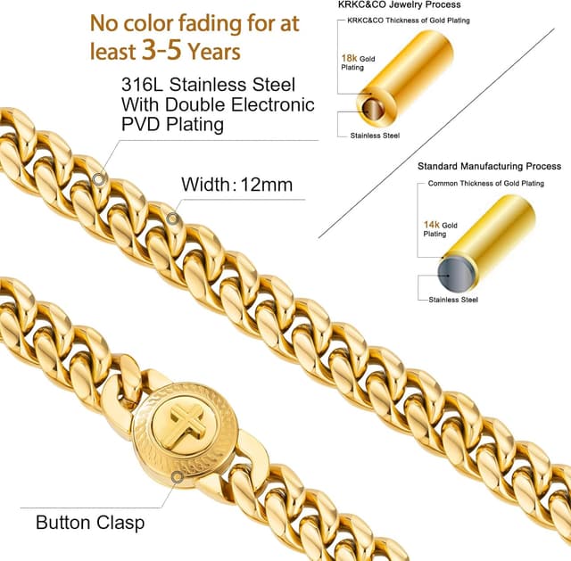 Detalle 2 de KRKC&CO 12mm Herren Panzerkette mit Löwe Kopf/Totenkopf-Verschluss – 18K Gold plattiert Cuban Link, Edelstahl (Miami Kubanische Kette)