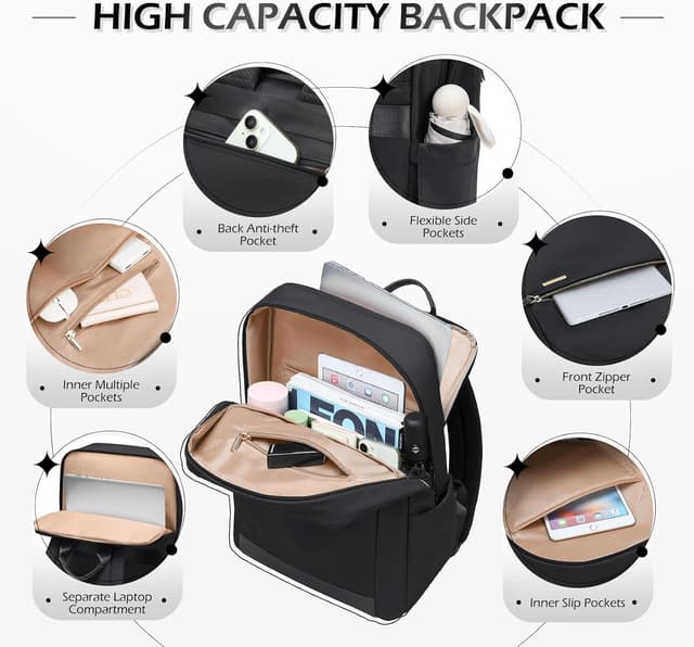 Detalle 2 de GOLF QUALITY 15.6 Inch Laptop Backpack for Women – Anti-theft, water-resistant commuter carry-on (Black)