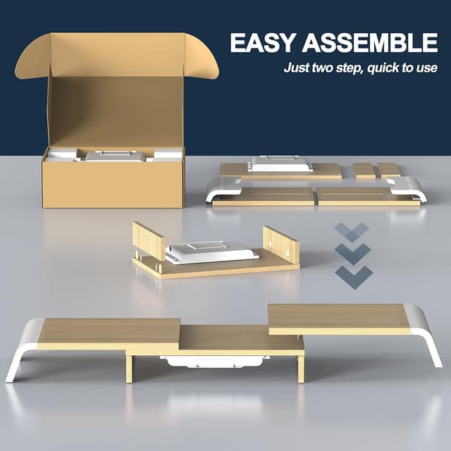 Detalle 2 de Fenge Dual Monitor Stand (Oak) – adjustable length and angle with 3 shelves