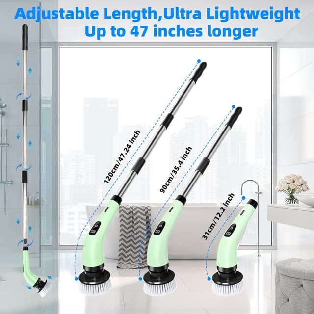 Detalle 2 de SINZUX Electric Spin Scrubber with 8 Replaceable Heads, LED Display and Adjustable Extension Handle (Green)