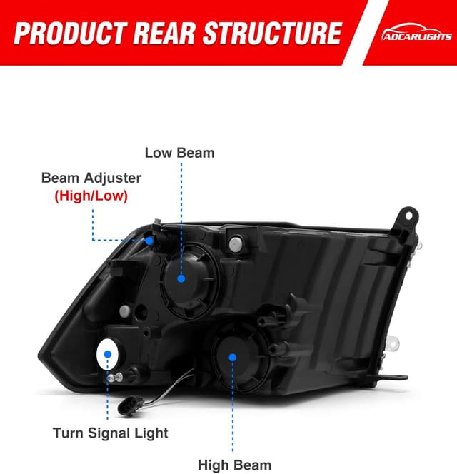Detalle 1 de ADCARLIGHTS Headlight Assembly Replacement for 2010–2018 Dodge Ram (Chrome Housing, Amber Reflector)
