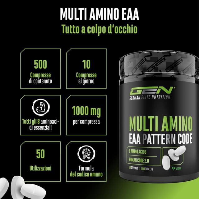 Detalle 2 de GEN GERMAN ELITE NUTRITION Multi Amino-EAA Pattern Code da 1.000 mg (500 compresse, vegan)