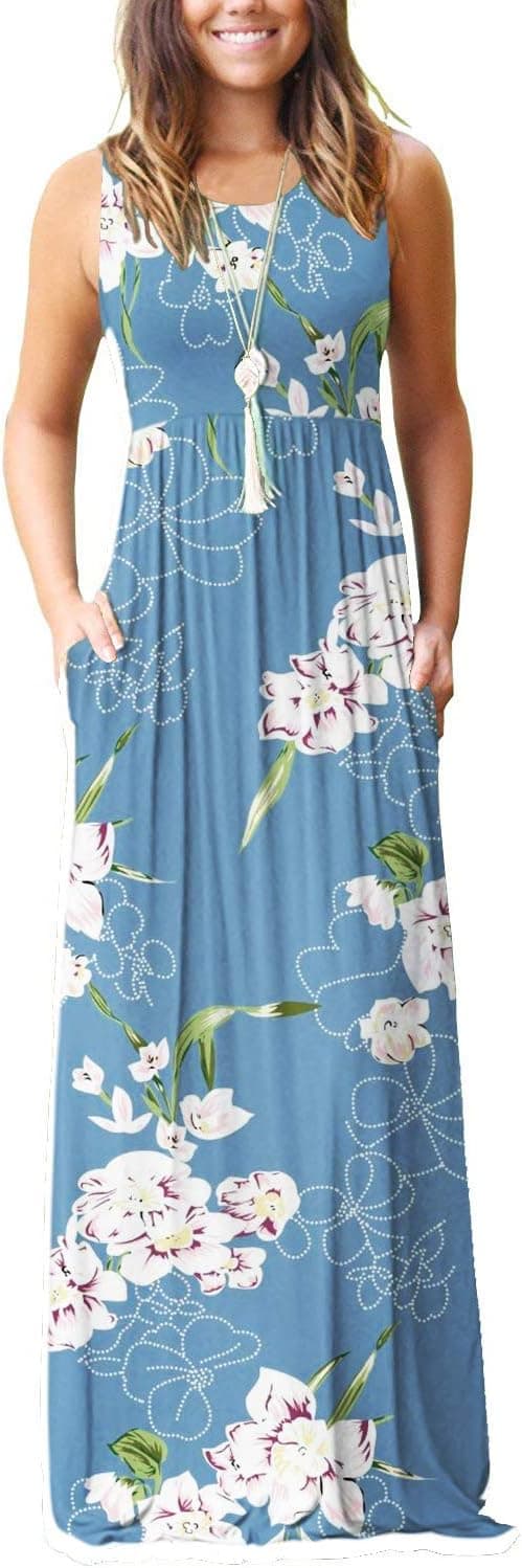 Detalle de AUSELILY summer casual maxi dress with pockets – sleeveless long dress with elastic waist