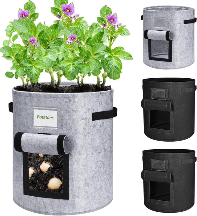 Detalle de Potato Grow Bags 4 Pack (15 Gallon) Breathable Planter Bags with Handle – 2 Black & 2 Grey