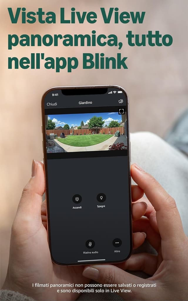 Detalle de Blink Arc (ultimo modello) con supporto plug-in e visione panoramica 180° per 2 videocamere Mini 2K+ | Kit completo nero