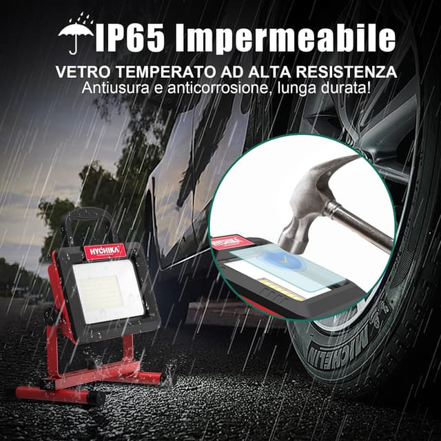 Detalle 2 de HYCHIKA Faretto LED da cantiere 100W: faro portatile 12.000 lm 6500K con rotazione 360° e cavo 2 m, IP65