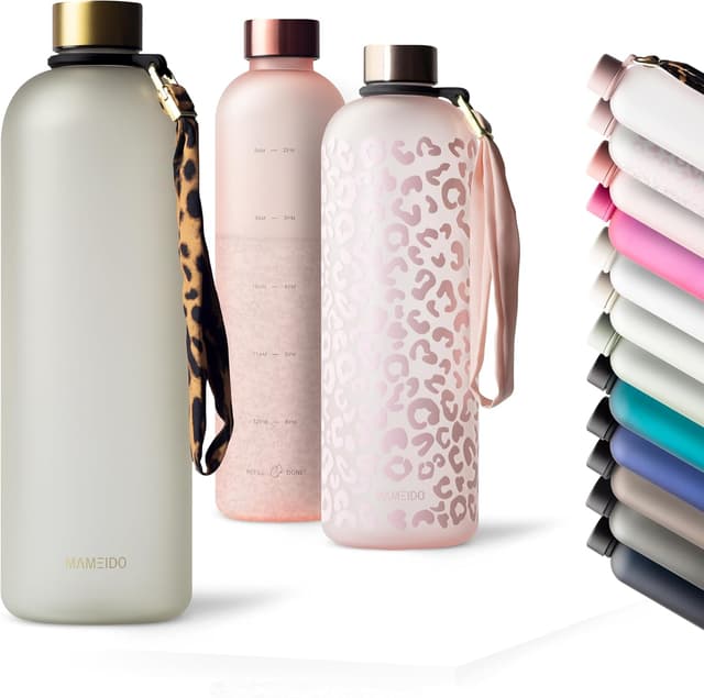 Detalle de MAMEIDO Trinkflasche mit Zeitmarkierung (1,5 l), kohlensäuregeeignet, auslaufsicher, BPA-frei – Ivory Beige Gold