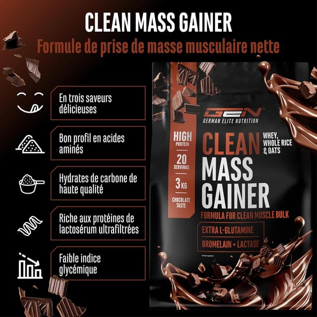 Detalle de Clean Weight Gainer 3 kg (chocolat) – gainer végétarien avec glucides complexes