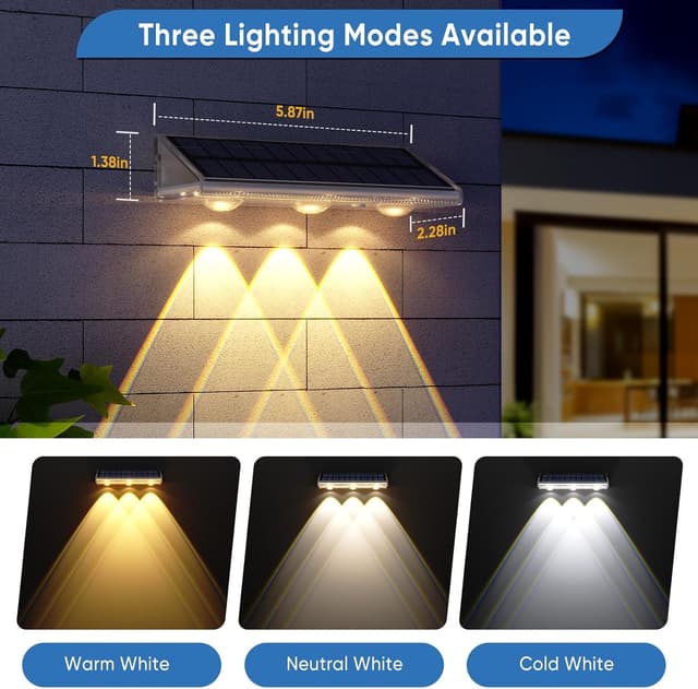 Detalle de YiLaie Solar Fence Lights Outdoor (IP67) – 3000K/4500K/6500K, Solar-Powered LED Wall & Railing Lights (4 Pack)