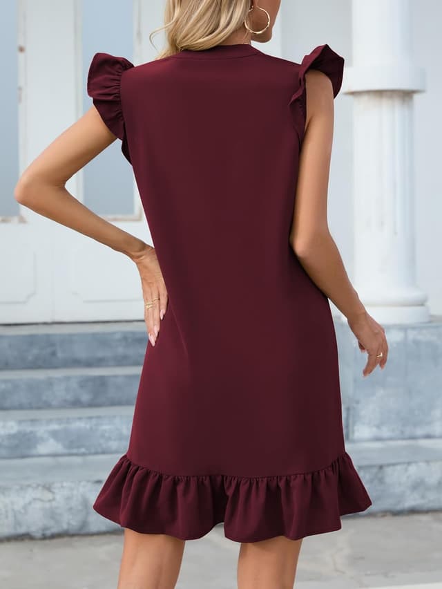 Detalle 2 de Famulily Women’s Solid Colour V Neck Ruffle Trim Cap Sleeve Shift Dress (S–XXL)