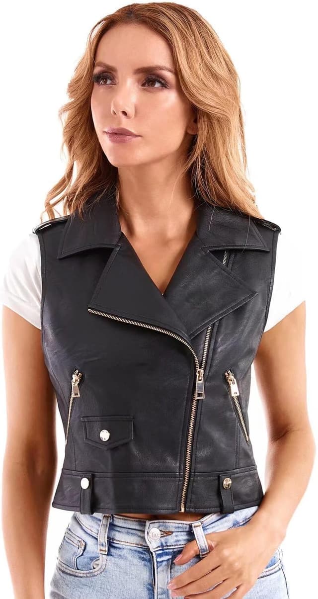 Detalle de DIASHINY faux leather moto waistcoat for women with lapel and zip pockets
