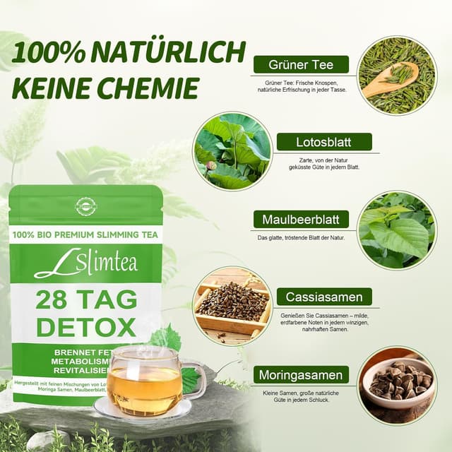 Detalle 2 de Detox Tee zum Abnehmen – 28 Tage Grüne Entgiftungspulver mit Lotus, Cassia, Moringa & Maulbeerblatt