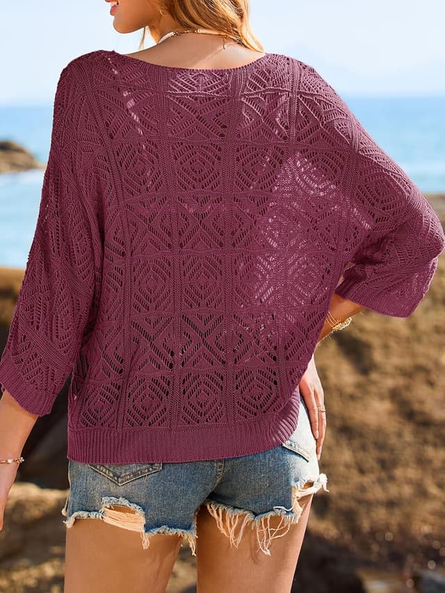 Detalle de Saodimallsu Women’s Crochet Cover Up Top (Mesh, Off-Shoulder) — Summer 3/4 Sleeve Boho Swimsuit Coverup