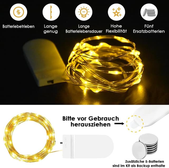 Detalle 2 de WEARXI Lichterkette Batterie (10 Stück, 2 m, 20 Mini-LED) für Innen-Deko