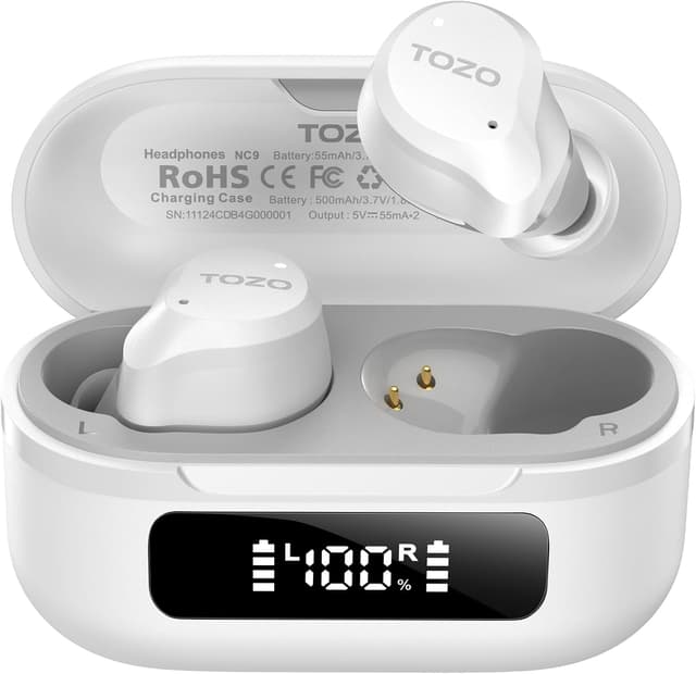 Detalle de TOZO NC9 Bluetooth In-Ear Kopfhörer mit Hybrid-ANC (45 dB), 6 Mikrofone ENC & 60 Std. Akku – Weiß