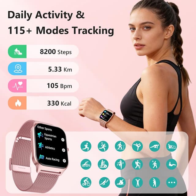 Detalle de Popglory Smartwatch mit Telefonfunktion (Herren & Damen) – Fitnessuhr mit 1,85" HD-Display, Blutdruck, SpO2 & mehr