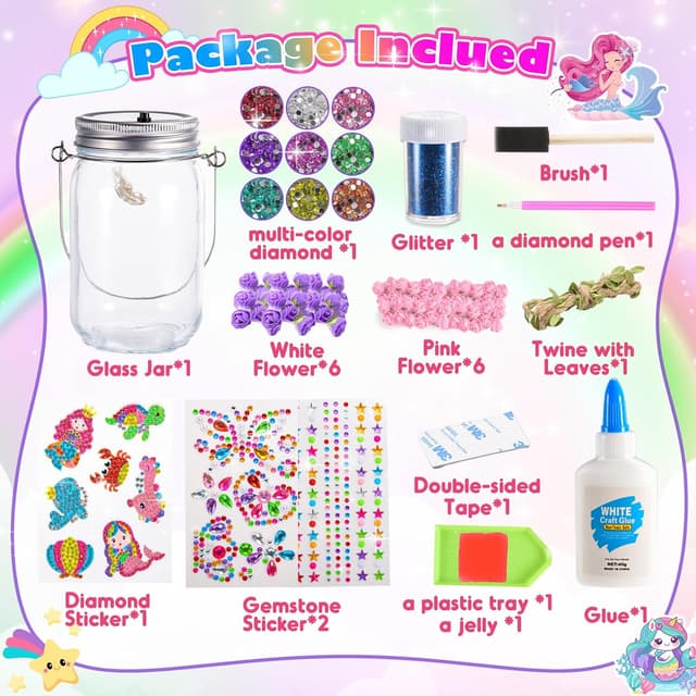 Detalle de Hapikids Mermaid Lantern Craft Kit for Girls (Age 4–12) – DIY Glitter Jar Night Light & Party Decoration