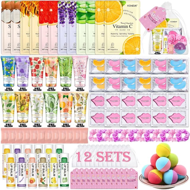 Detalle de KONEUK 120 PCS Spa Party Supplies Kit for Women (Face Masks, Under-Eye Patches, Hand Cream, Foot Bath Bombs & More)