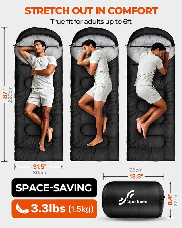 Detalle 2 de Sportneer Camping Sleeping Bag for Adults & Kids (3–4 Season), Warm Lightweight & Compact