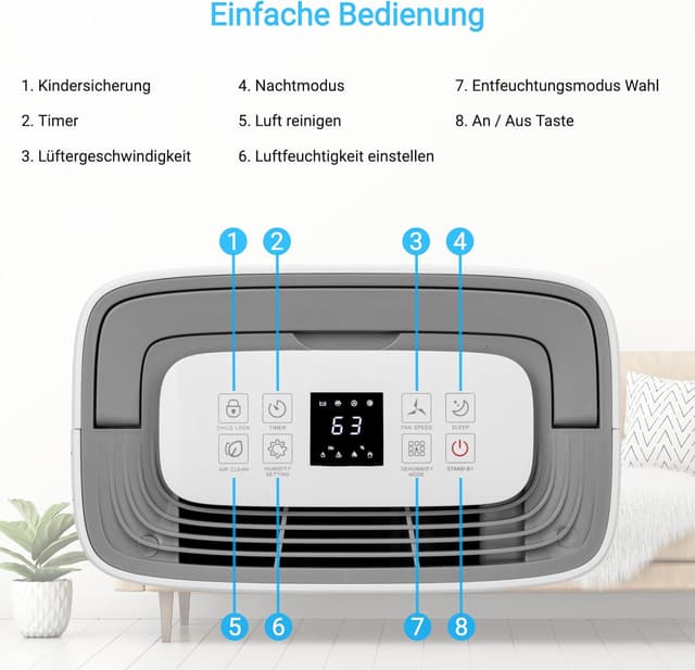 Detalle 2 de KLAMER Luftentfeuchter elektrisch 25 L/24h – 5,5-L-Tank, leise, Smart Sensor, Timer & Wäschemodus