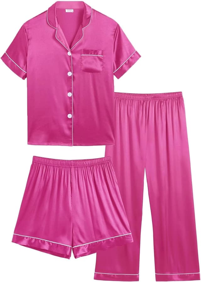 Thumbnail 6 de SWOMOG Kid's Silk Pyjamas 3PCS satin set (short-sleeve top + shorts + long pants), ages 4–16